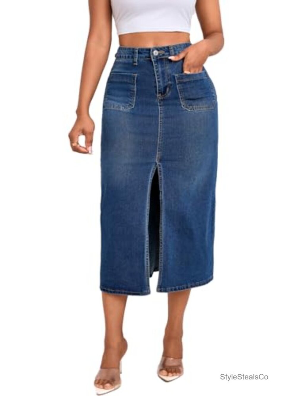 High Waist Button Down Denim Midi Skirt with Pockets Stretch